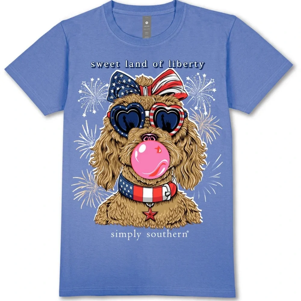 Simply Southern Sweet Land of Liberty Tee Doodle Bubble Gum T-shirt Women’s M - Picture 2 of 6